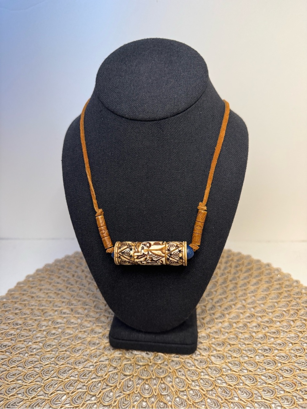 18” Hand Crafted Suede Tribal carved bone Pendant Necklace